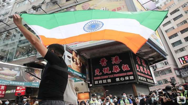 Hong Kong protesters display India's national flag on Chinese National Day