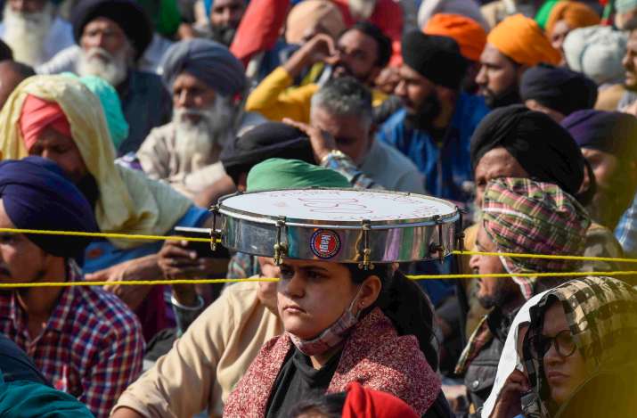 India Tv - New Delhi: Farmers protest at Singhu border during their Delhi Chalo march against the Centres new farm laws, in New Delhi, Sunday, Nov. 29, 2020.