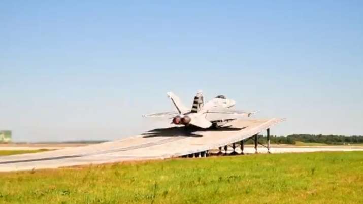 Boeing fighter aircraft, super Hornet, Indian Navy aircraft, ski jump ramp