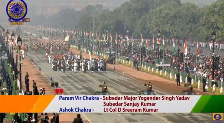 India Tv - Winners of the Param Vir Chakra and the Ashok Chakra parade down Rajpath.