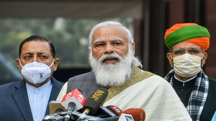 Prime Minister Narendra Modi addresses media personnel as