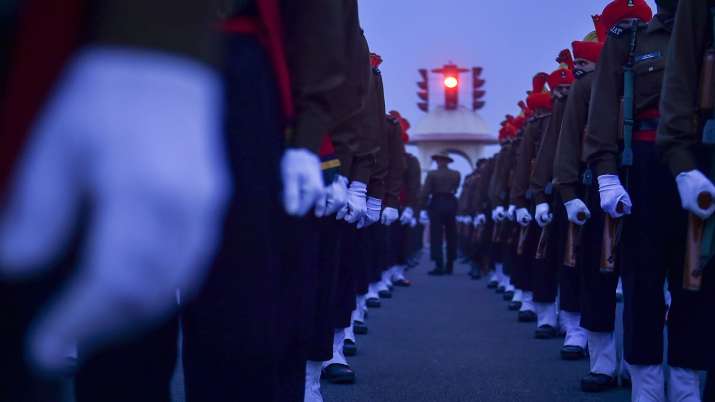 A contingent practices during the rehearsals for Republic