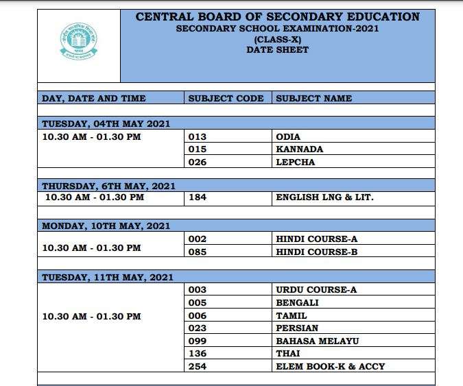Cbse Class 10 Date Sheet 2021 Released Details Cbse Board Exam Dates Cbse Time Table Cbse Nic In Career News India Tv