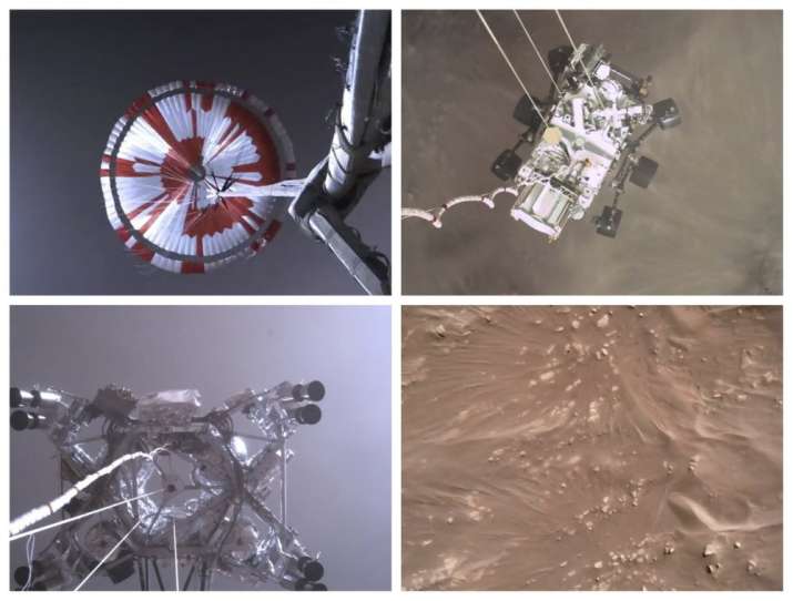 This combination of images from video made available by NASA shows steps in the descent of the Mars