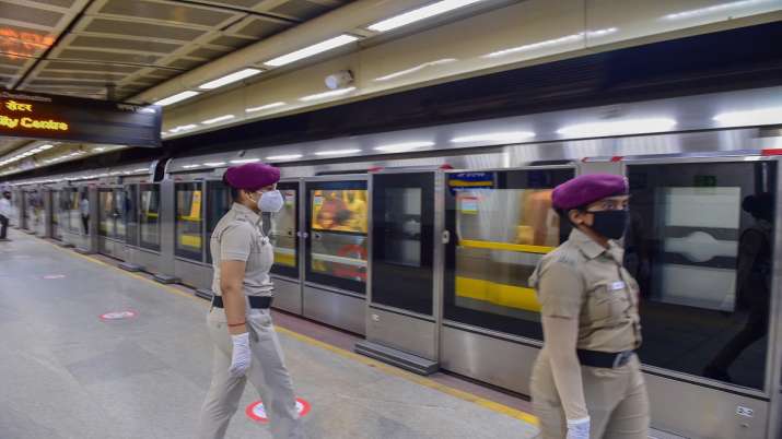 Security personnel at Kashmere Gate Metro Station.