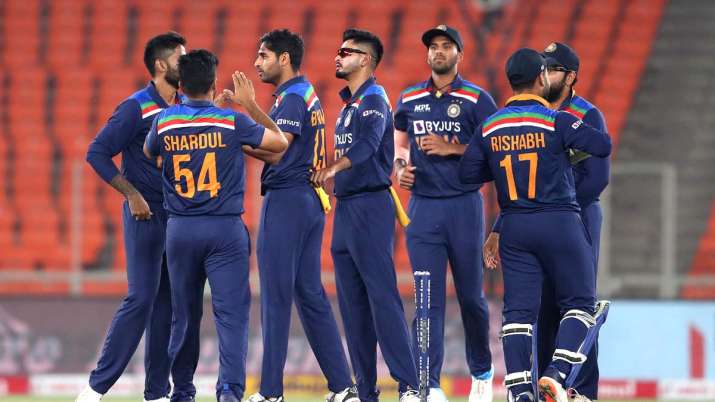 Bhuvneshwar Kumar of India celebrates with teammates after bowling Jason Roy of England during the 5th T20 International between India and England at Narendra Modi Stadium on March 20 Image Source : GETTY
