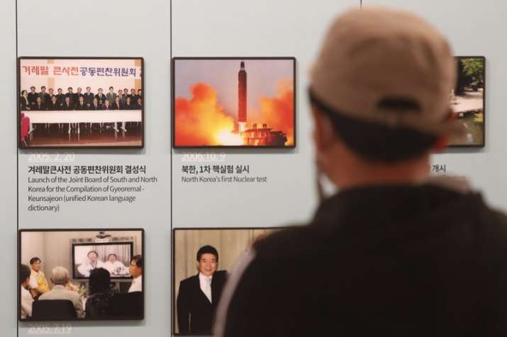 North Korea's missile launch is displayed at the Unification Observation Post in Paju, near the bord