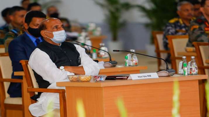 India Tv - Union Defence Minister Rajnath Singh at the Combined Commanders’ Conference at Kevadia, Narmada district of Gujarat.