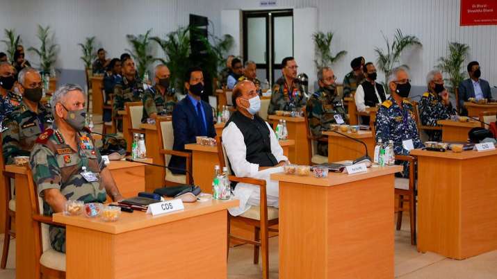 India Tv - Union Defence Minister Rajnath Singh interacting with the Tri-service Commanders at the Combined Commanders’ Conference at Kevadia, Narmada district of Gujarat.