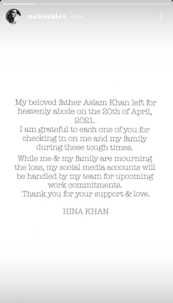 Hina Khan Mourns Demise Of Father Shares Emotional Message Thanking Fans For Support And Love Tv News India Tv