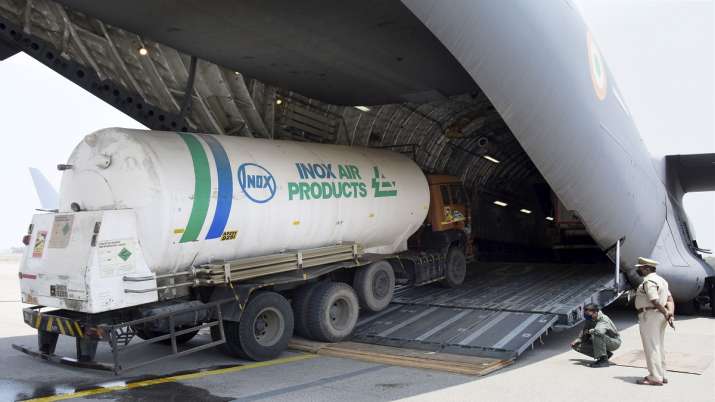 Oxygen tankers being airlifted on IAF C17 aeroplane for