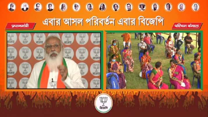 PM Modi addresses a virtual rally in West Bengal.