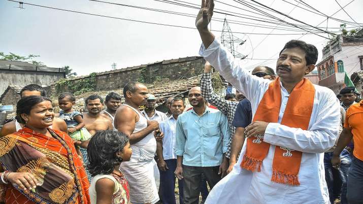 BJP leader Rajib Banerjee during his door-to-door campaign