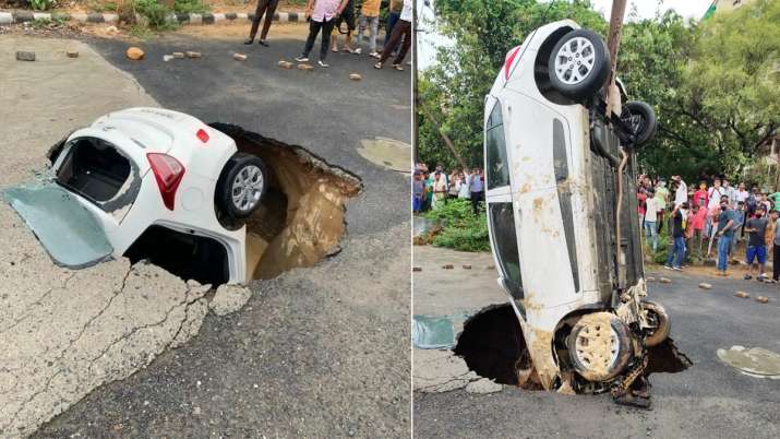 Delhi rains car swallowed, delhi rains car, dwarka sector 18, delhi rains, delhi car falls, delhi ca