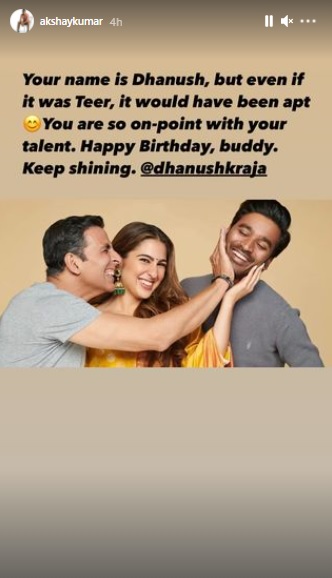 India Tv - Happy Birthday, Dhanush: Akshay Kumar, Sara Ali Khan extend warm wishes to 'Atrangi Re' co-star