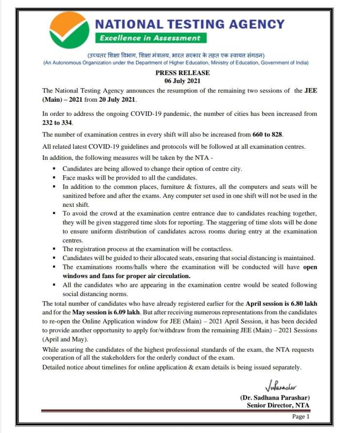 India Tv - JEE Main Exam Dates: Third session between July 20-July 25, fourth session from July 27-Aug 2