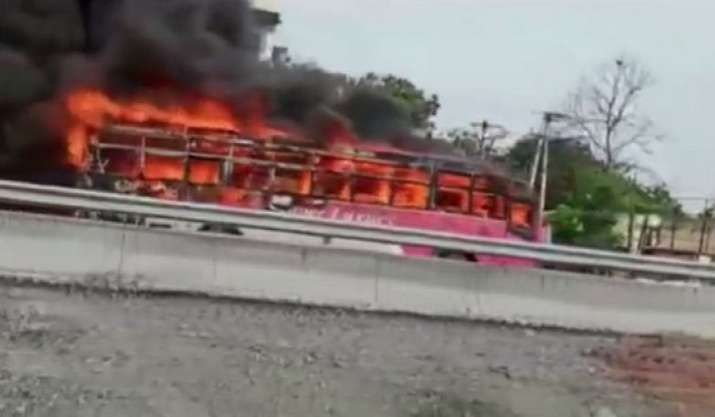 Telangana govt bus catches fire in Jangaon, no injuries