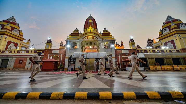 Police personnel guard at the Laxmi Narayan Birla temple on