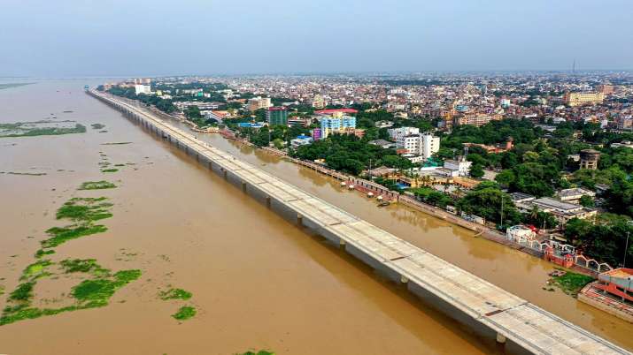 An aerial view of the flooded Collectorate Ghat at the bank