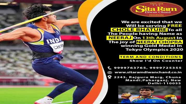 neeraj chopra, Delhi, delhi restaurant, free chole bhature, olympian Neeraj, Gold medalist victory,