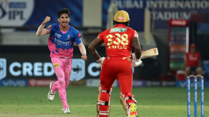 Kartik Tyagi of Rajasthan Royals celebrates the wicket of