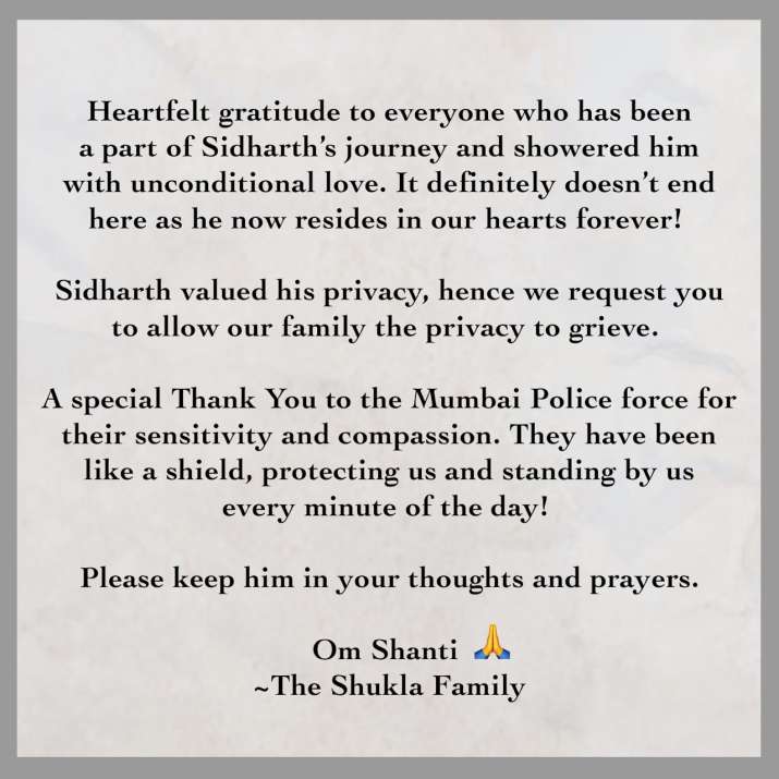 Late Sidharth Shukla&#39;s family releases statement: He now resides in our hearts forever | Celebrities News – India TV