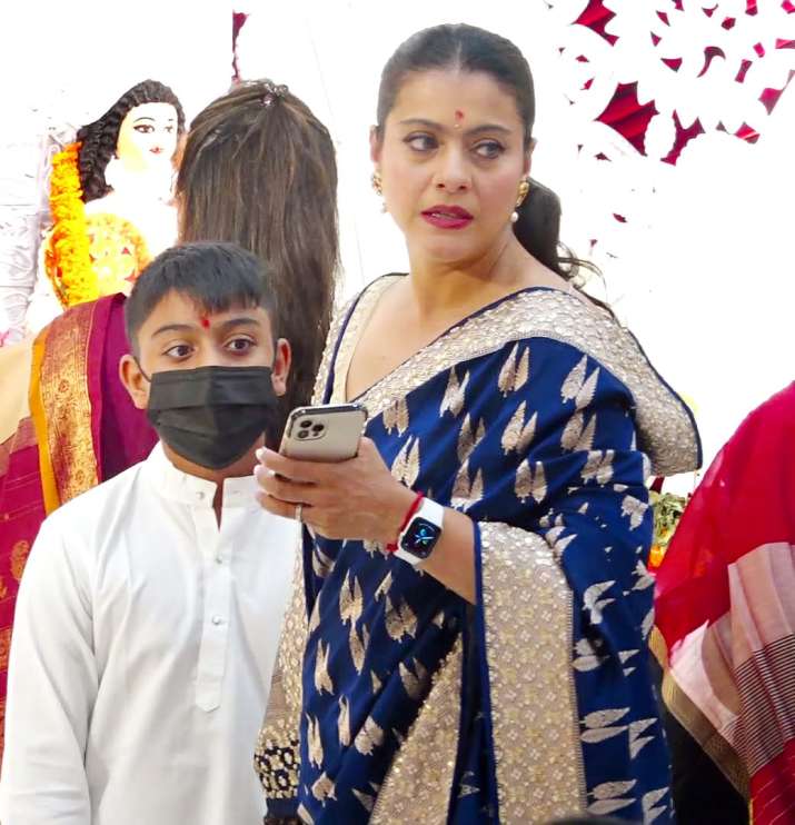 India Tv - Kajol celebrates Durga Ashtami with mother Tanuja, sister Tanisha and son Yug
