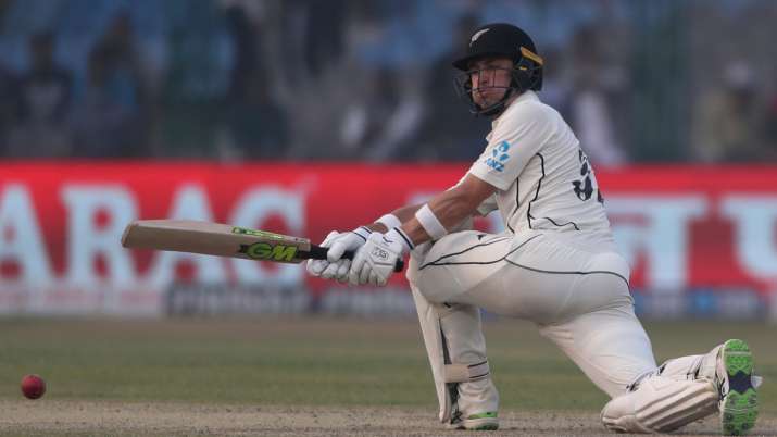 New Zealand's Will Young plays a sweep shot shot during the day two of their first test cricket matc