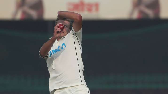 Kyle Jamieson bowling during India's second innings in the ongoing first Test in Kanpur