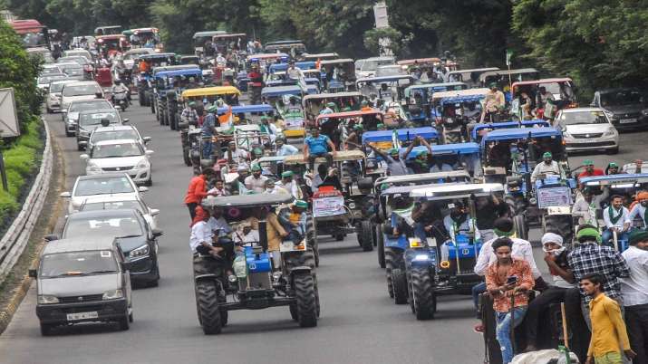 Farmers during tractor march as part of their agitation.