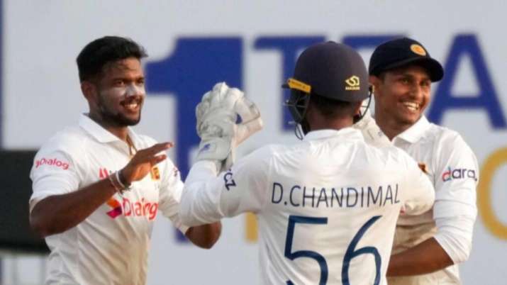 Sri Lankan players celebrating after taking a wicket during the first Test against West Indies in Ga