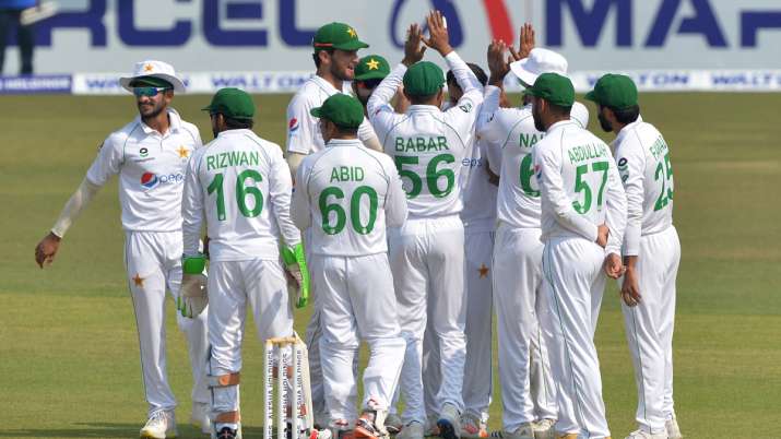 Pakistan cricket team celebrating after taking Bangladesh batsman's wicket in the first Test. 