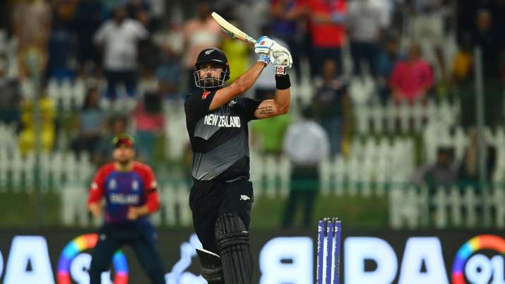 Mitchell of New Zealand plays a shot during the ICC Men's T20 World Cup semi-final match between Eng