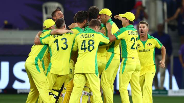 Australia players celebrates following the ICC Men's T20 World Cup final match between New Zealand a