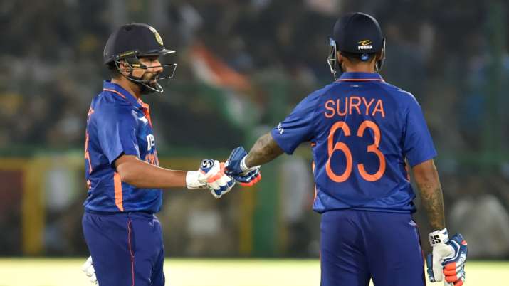 Rohit Sharma (Captain) of India and Suryakumar Yadav interact during the T20 International Match bet