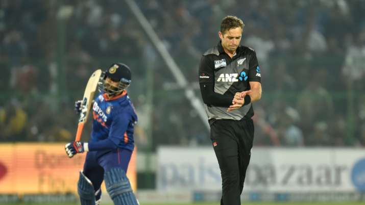 Tim Southee of New Zealand celebrates the wicket of Shreyas Iyer of India (not pictured) with teamma