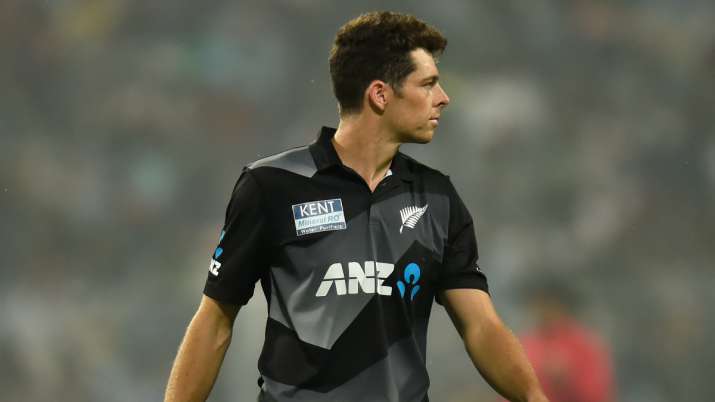 Mitchell Santner of New Zealand looks on during the Third T20 International match between India and 