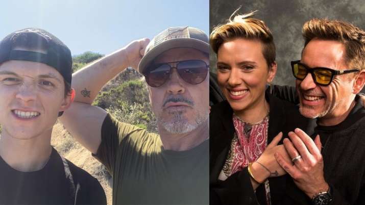 Robert Downey Jr with Tom Holland, Scarlett Johansson