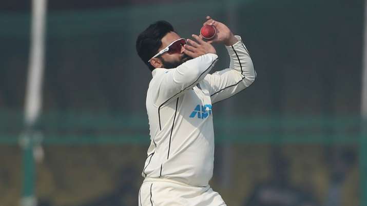 Ajaz Patel while bowling in the second Test against Indian in Mumbai