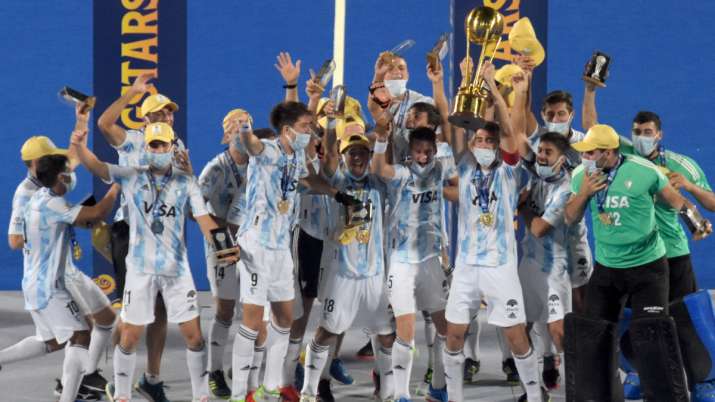 Argentina team celebrating after Jr Hockey World Cup Final
