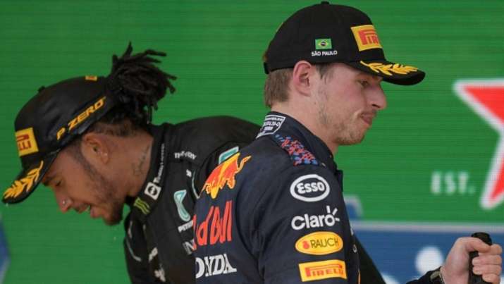 Mercedes driver Lewis Hamilton with his Red Bull rival Max Verstappen