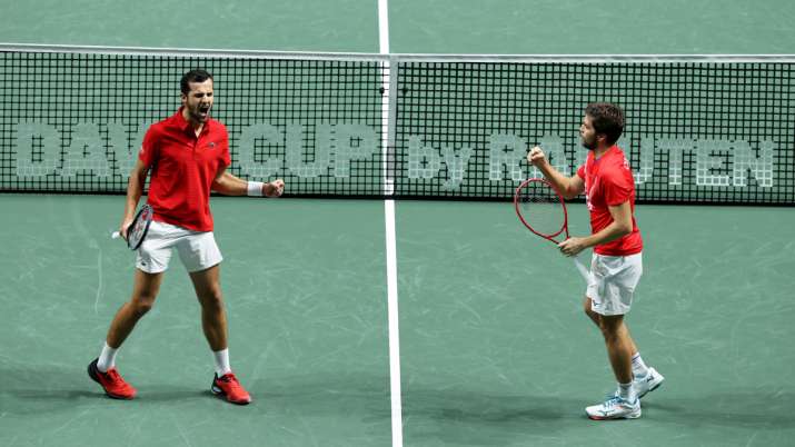 Mate Pavic (L) and Nikola Mektic of Croatia celebrate during their during the Davis Cup semi final b