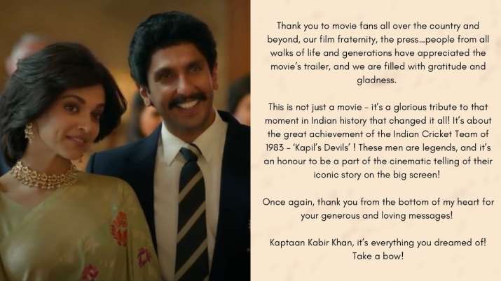 Ranveer Singh starrer '83' trailer crosses 50 million views in 24 hours, actor pens 'thank you' note