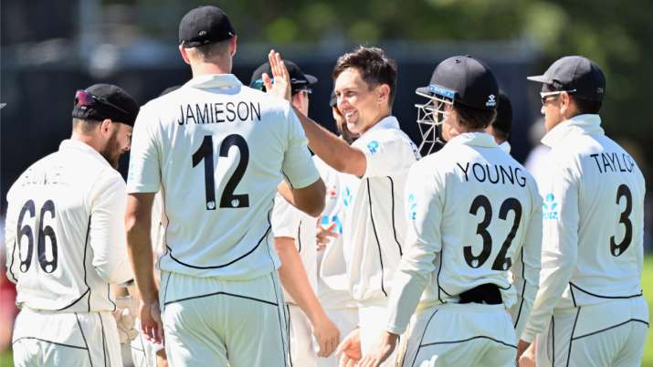 Trent Boult celebrates with his teammates after taking a wicket against Bangladesh in the second test