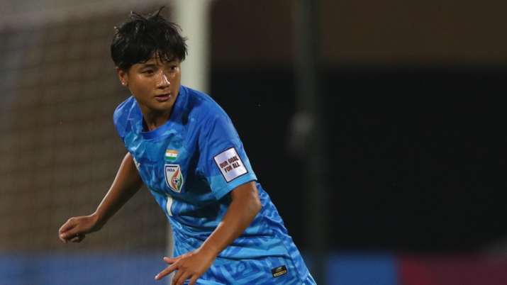Nongmathem Ratanbala Devi of India kicks the ball during the AFC Women's Asian Cup 