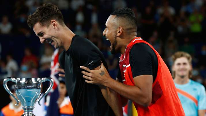 Thanasi Kokkinakis of Australia and Nick Kyrgios of Australia react after winning their Men's Double