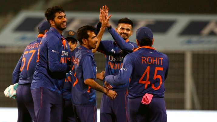 Indian players celebrate after taking a wicket during IND vs WI 3rd T20I  