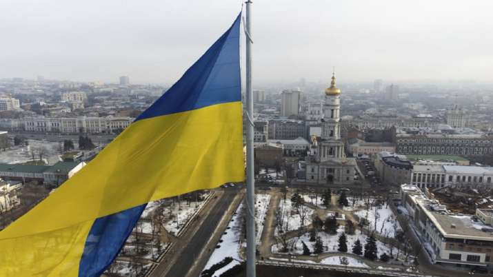 A Ukrainian national flag waves over the center of Kharkiv,
