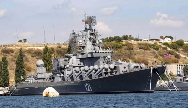 India Tv - The Russian missile cruiser Moskva, the flagship of Russia's Black Sea Fleet, is seen anchored in the Black Sea port of Sevastopol on September 11, 2008.