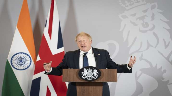 UK PM Boris Johnson speaks at a press conference in Delhi